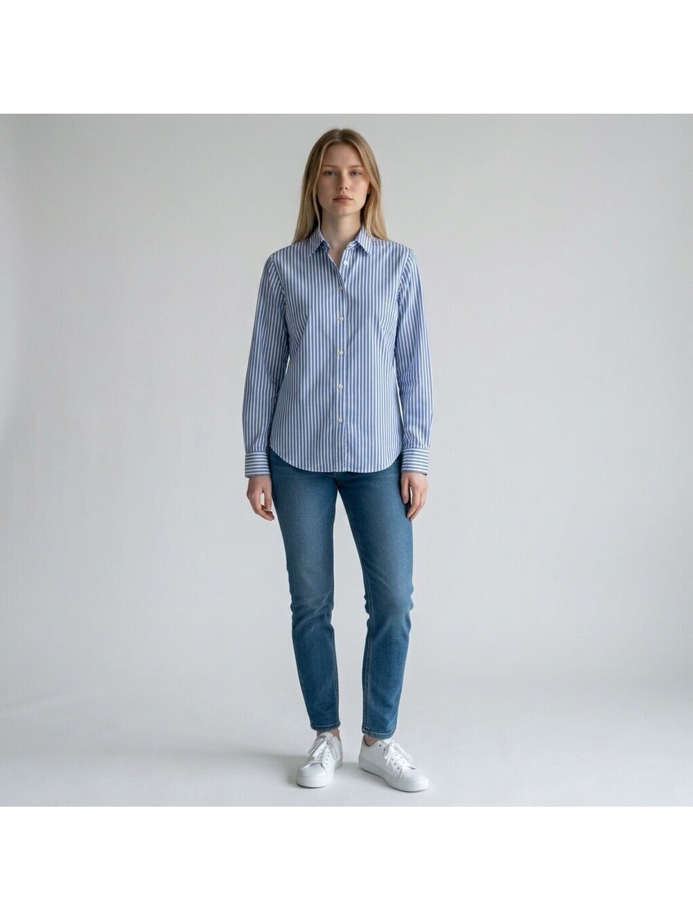 Chaps Shirt Women M Medium Blue Striped Button Up Collared Long Sleeve Cotton